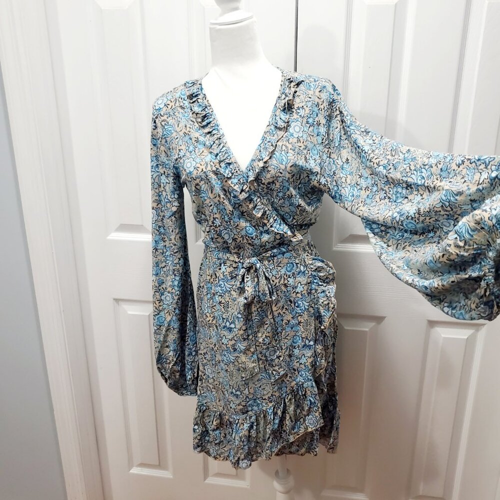 NWT Mini Wrap Dress S/M Blue Floral Boho Ruffle Cottagecore Sea Lustre Tortola